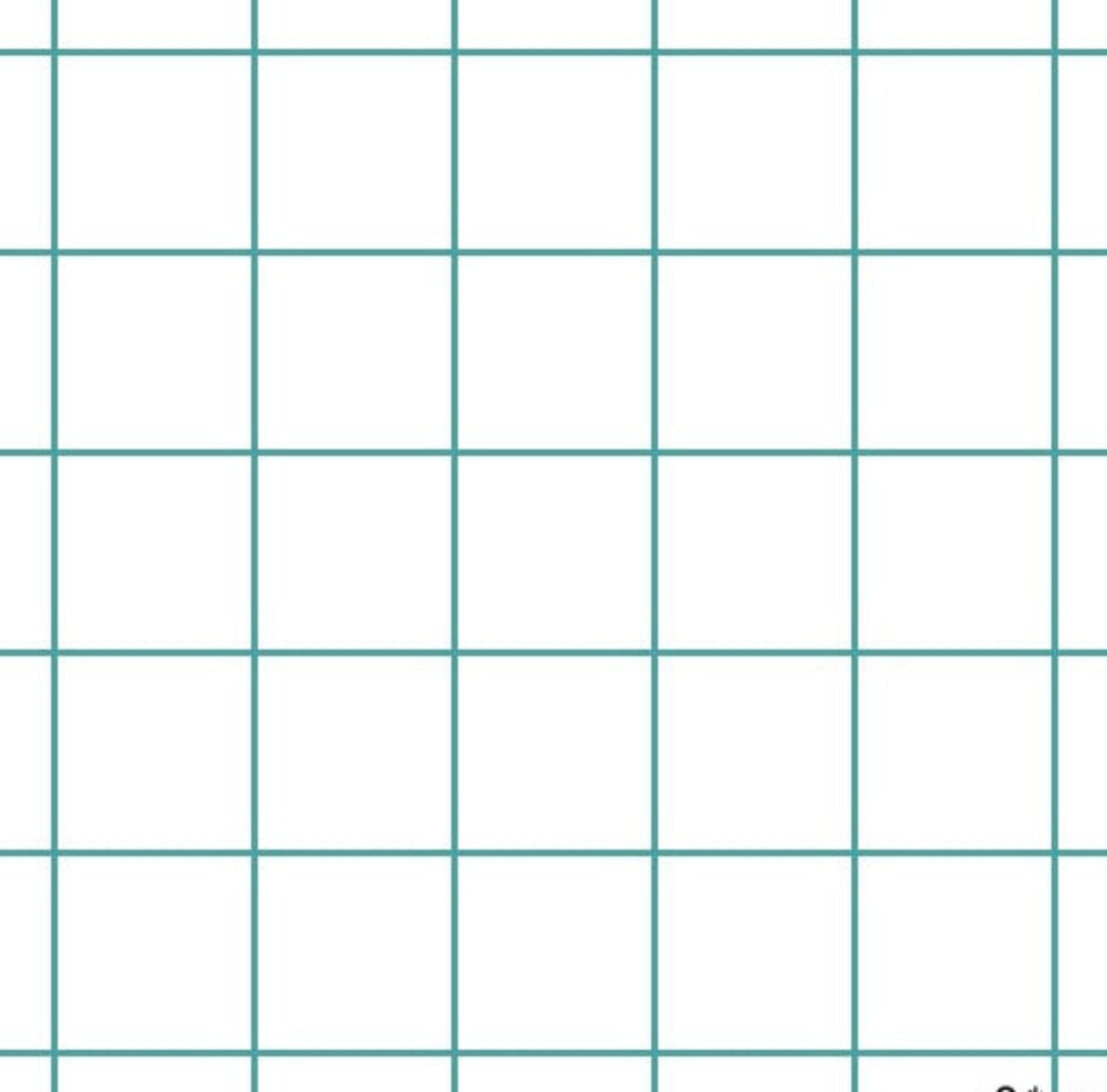 A grid design flannel fabric in white and jade colors, laid out flat.