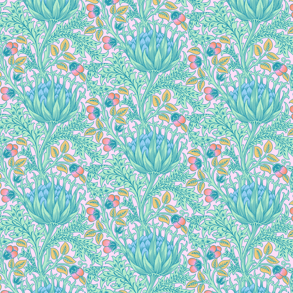 A floral pattern fabric featuring artichoke designs in blue, green, and purple colors on a wide width.