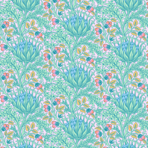 A floral pattern fabric featuring artichoke designs in blue, green, and purple colors on a wide width.