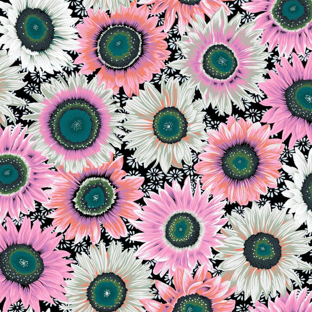 Pattern of colorful flowers on a black background