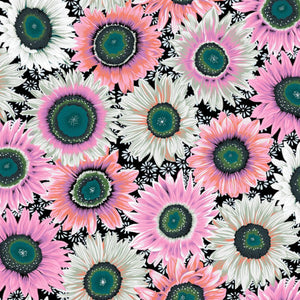 Pattern of colorful flowers on a black background