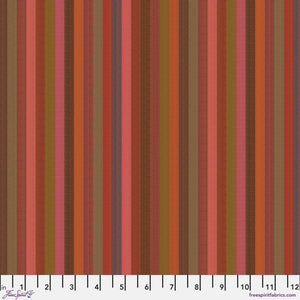 A woven fabric featuring narrow stripes in a range of colors including orange, pink, red, and tomato, with a visible scale marking on the bottom for measurement.