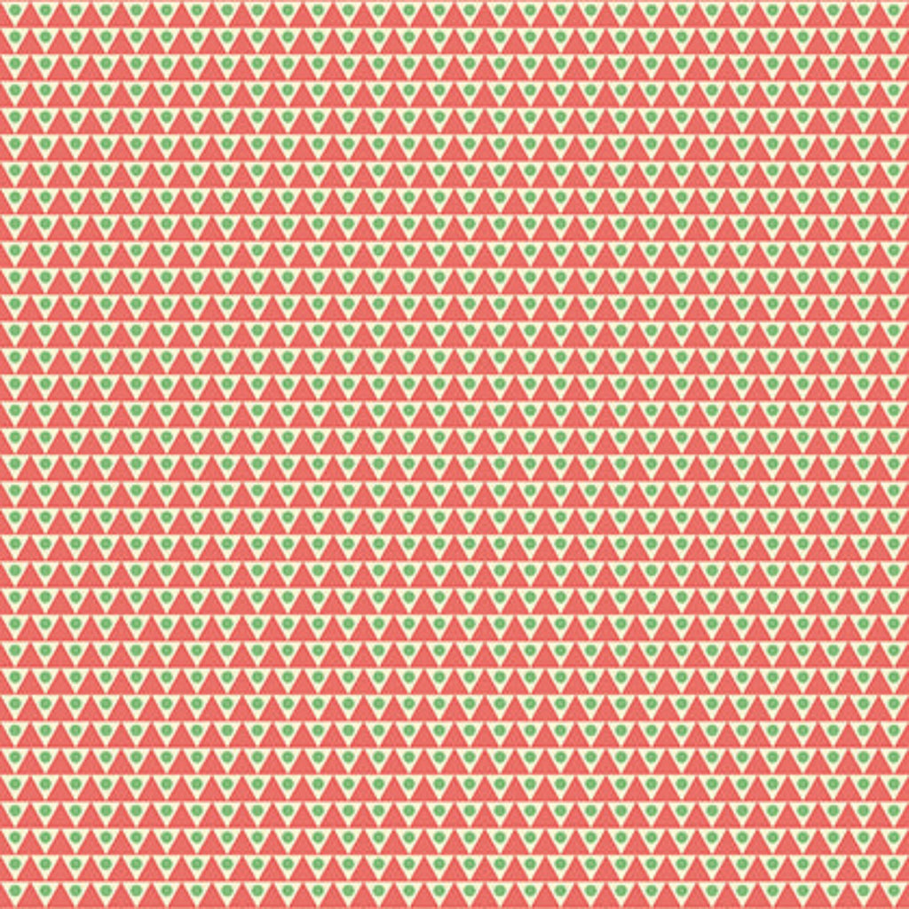 Pattern of small triangles in red and green on a light pink background
