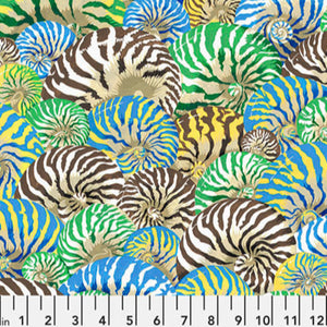 A textile design featuring a nautilus shell pattern in a variety of colors including blue, green, and yellow.