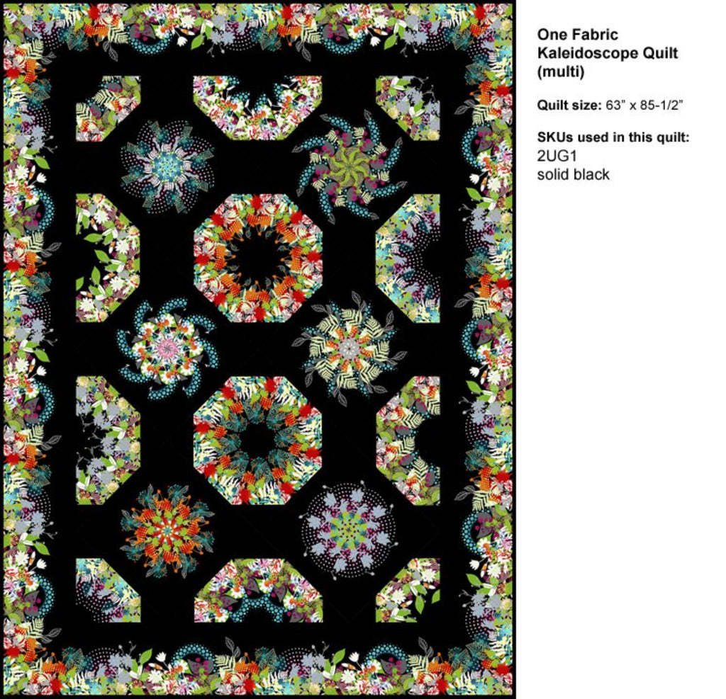 A colorful kaleidoscope pattern quilt pattern with a combination of multicolor and blue fabrics, designed by Jason Yenter.