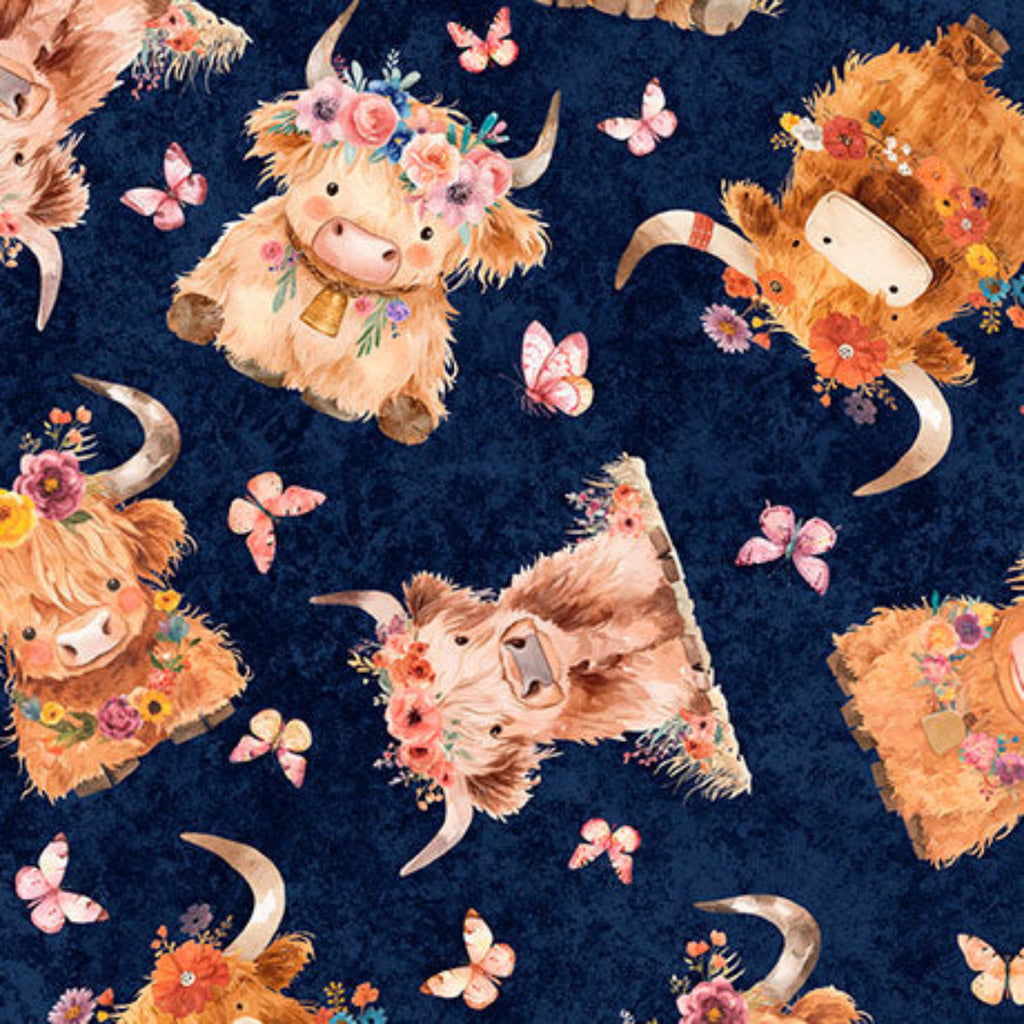 Pattern of cartoon Highland cows with flowers and butterflies on a dark blue background
