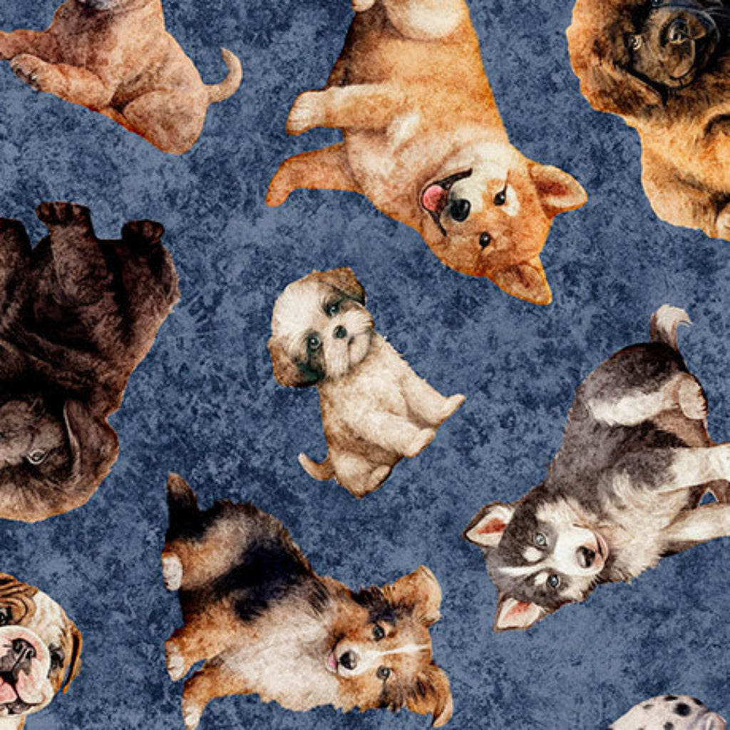Pattern of various dog breeds on a blue background