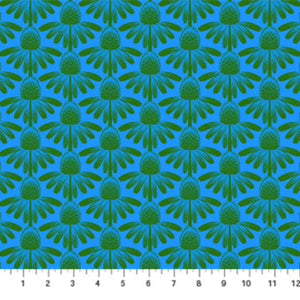 Patterned fabric with green leaf-like shapes on a blue background