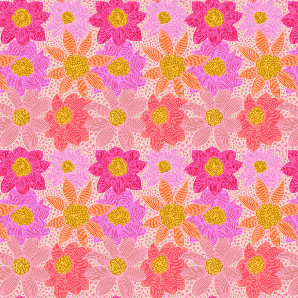 Pattern of pink and orange flowers with yellow centers on a light pink background