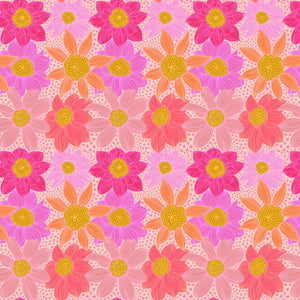 Pattern of pink and orange flowers with yellow centers on a light pink background