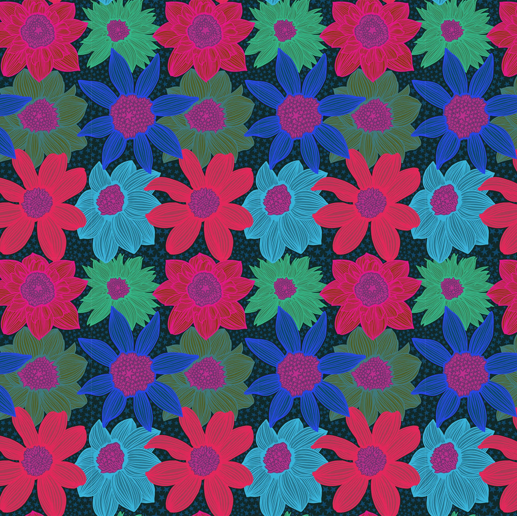 Pattern of colorful flowers on a dark background
