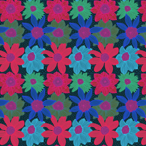 Pattern of colorful flowers on a dark background