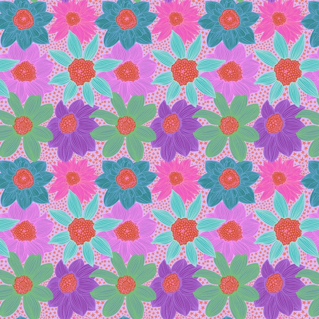 Pattern of colorful flowers on a pink background