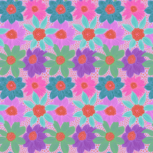 Pattern of colorful flowers on a pink background