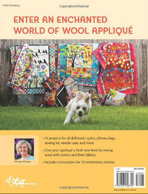 Book cover of 'Enter an Enchanted World of Wool Applique' with colorful quilts and a dog on grass.