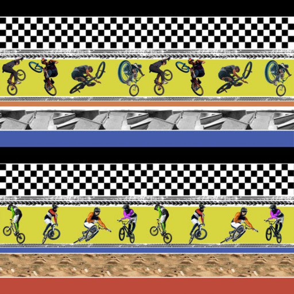 A collection of fabrics with a striking design of bikers performing tricks on a striped and checkered background.