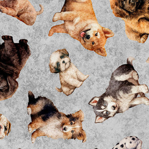 Pattern of various dog breeds on a gray background