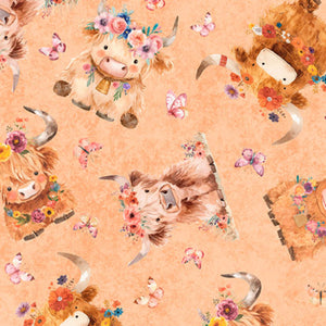Pattern of cartoon highland cows with flowers and butterflies on a peach background