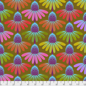 Pattern of colorful flowers on a fabric swatch with a ruler at the bottom.