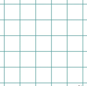A grid design flannel fabric in white and jade colors, laid out flat.