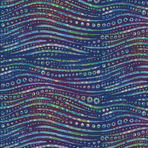 A close-up of a repeating abstract pattern with wavy horizontal bands and rows of small dots in blue, purple, green, and iridescent tones.