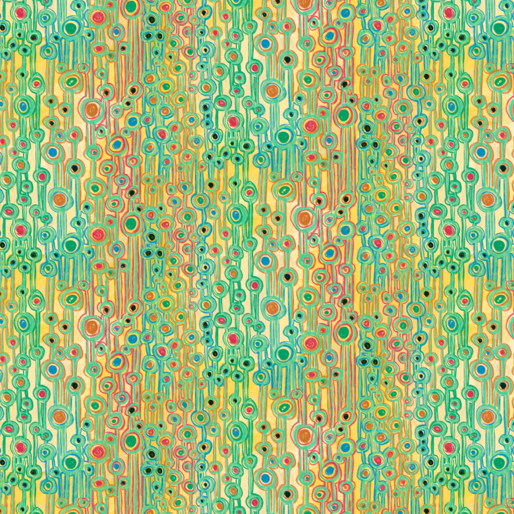 A seamless abstract pattern featuring vertical columns of concentric circles and dots in green, teal, yellow, orange, red, and blue over a cream background.