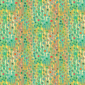 A seamless abstract pattern featuring vertical columns of concentric circles and dots in green, teal, yellow, orange, red, and blue over a cream background.