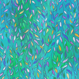 A colorful abstract pattern of flowing leaf-like shapes in green, teal, purple, pink, yellow, and white on a bright aqua background.