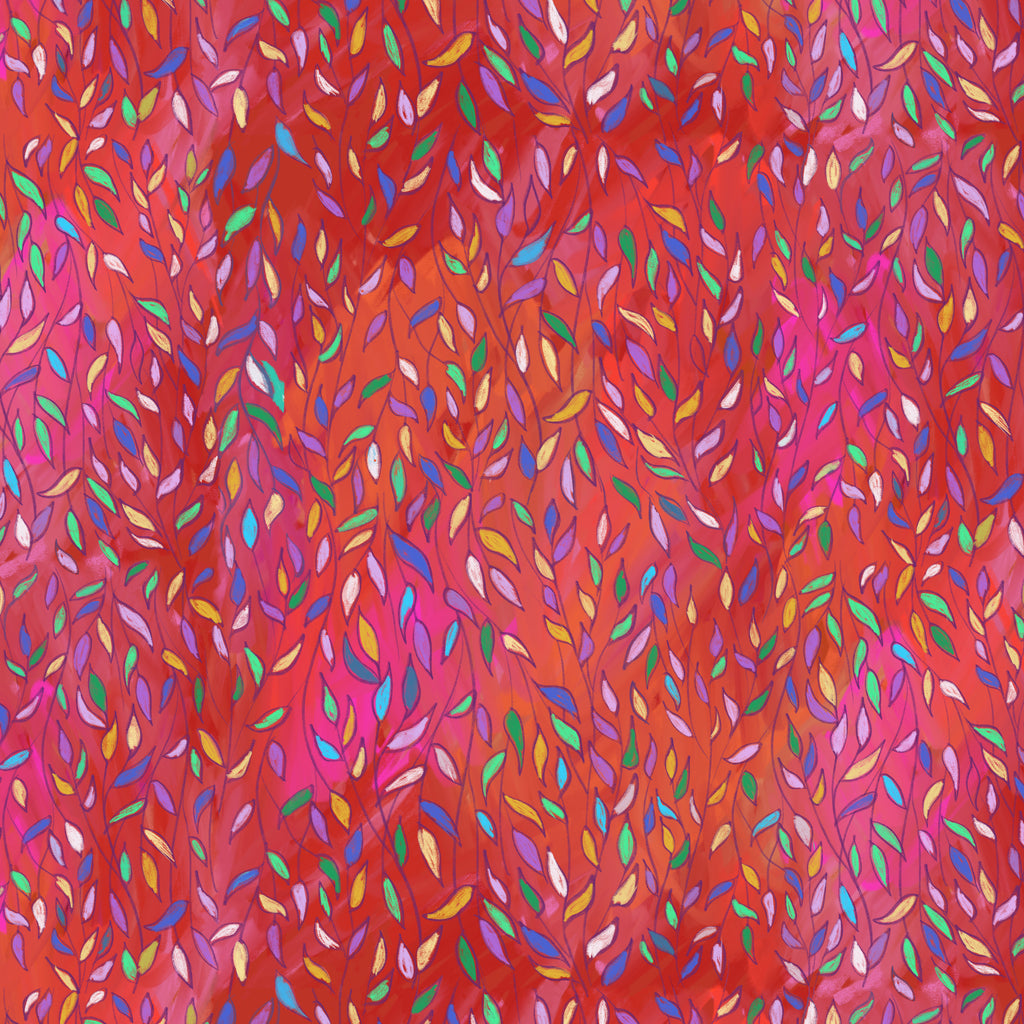 A close-up of a colorful patterned fabric featuring a dense, vertical brushstroke texture in shades of red, orange, and pink, overlaid with small, multicolored leaf-like shapes.
