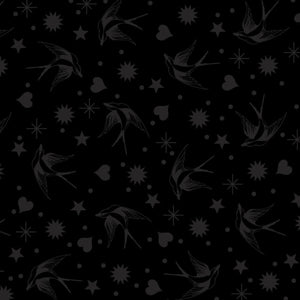 Black and white pattern of birds, stars, and hearts on a black background