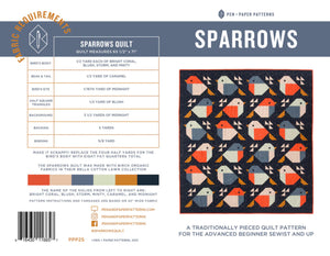 Quilt pattern packaging for 'Sparrows' with fabric requirements and design.