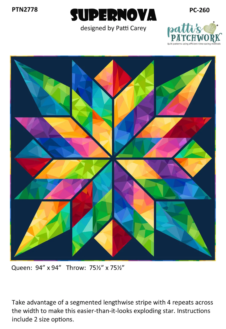 Colorful star-shaped quilt pattern with text about dimensions and design details.