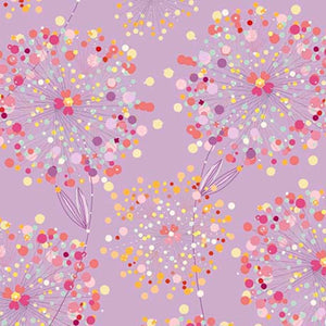 A piece of fabric featuring a floral pattern with lilac background and multicolored blossoms.