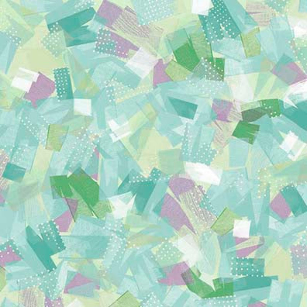 A fabric with a seafoam green floral pattern featuring painterly brushstrokes and dancing butterflies.