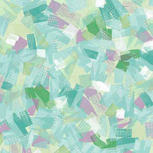 A fabric with a seafoam green floral pattern featuring painterly brushstrokes and dancing butterflies.