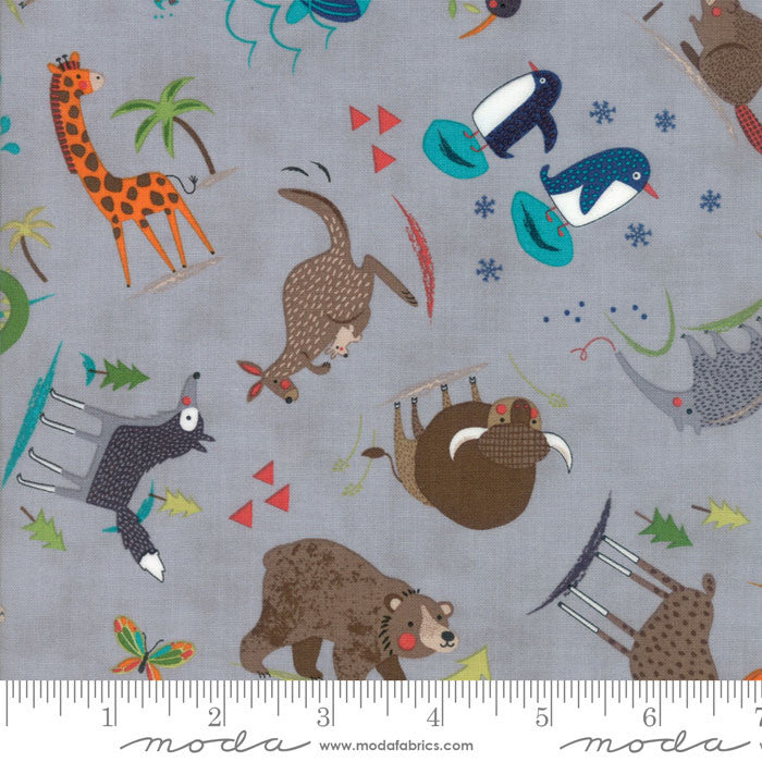 *PRE CUT HELLO WORLD Animals by Abi Hall GREY- 35301-19 - PRICED BY A 1 METRE PIECE