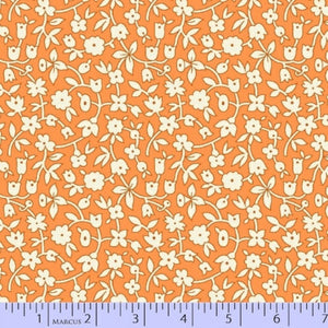 Floral pattern fabric swatch on an orange background with a ruler at the bottom.