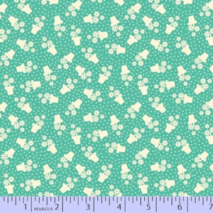 Fabric with white floral patterns on a teal background, featuring a Marcus brand ruler at the bottom.
