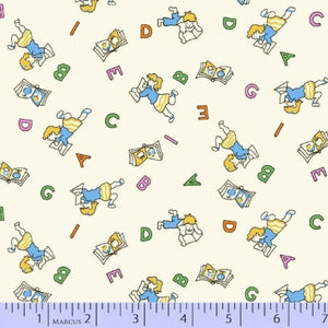 Children's fabric pattern with letters and children reading books, featuring a ruler at the bottom.