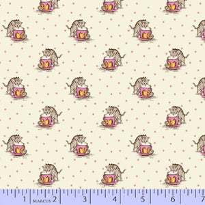 Pattern of cats drinking tea from teacups on a polka dot background with a ruler at the bottom.