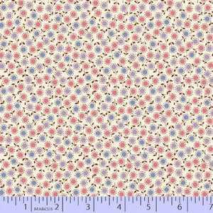 Floral pattern fabric with pink and blue flowers on a beige background, measured by a ruler at the bottom.
