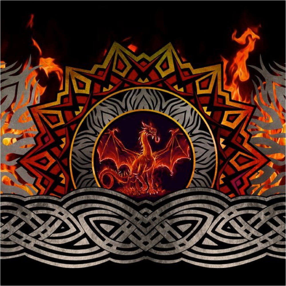 *REMNANT* Dragons by Jason Yenter 3DRG-1, Flame Border Print Red - 2.55 METRES